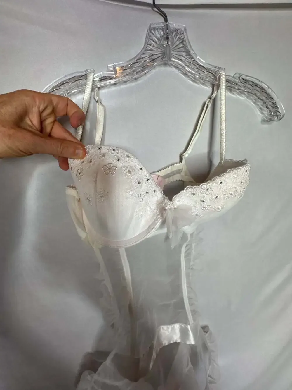 Victoria's Secret White Rhinestone Embroidered Mesh Corset Teddy. Size 34C.